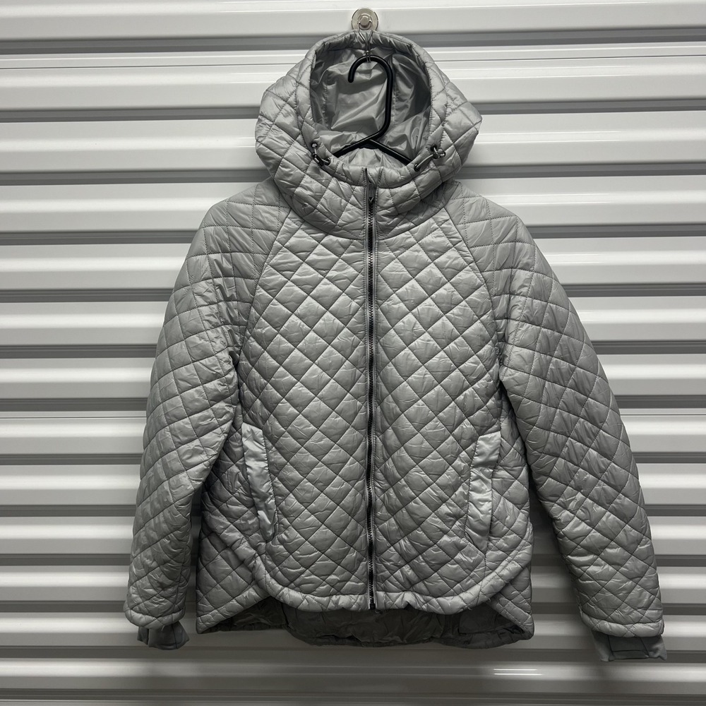 BCBGMAXAZRIA Puffer Jacket Size L Womens Silver Quilted Hooded Feather Free Fill